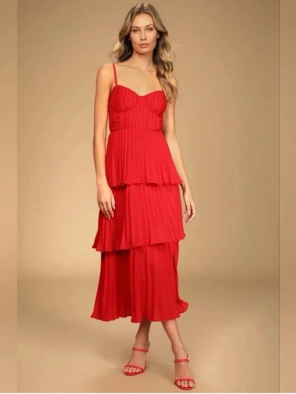 Lulus Cascading Crush Red Tiered Bustier Midi Dress Size M